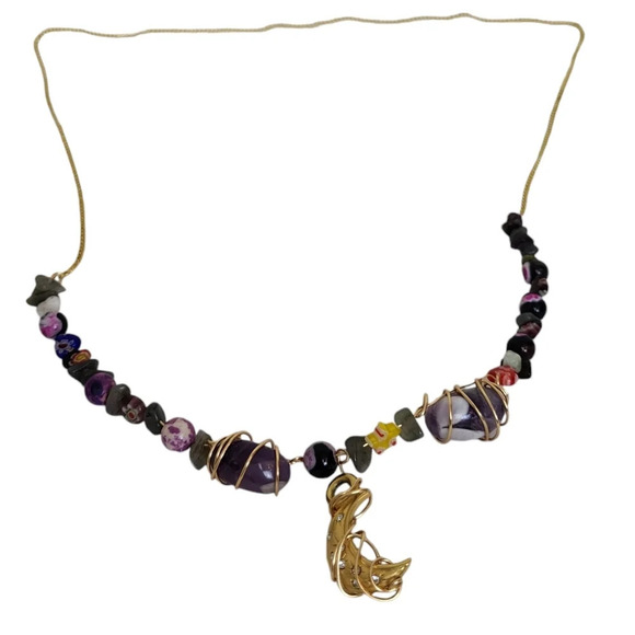 Cresant Clear Crystals Moon Amethyst 14K Gold Plated Copper Necklace - Picture 5 of 6